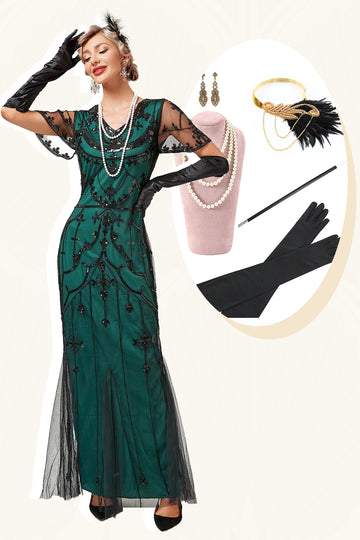 1920s Vestido Verde Com Conjunto de Acessórios